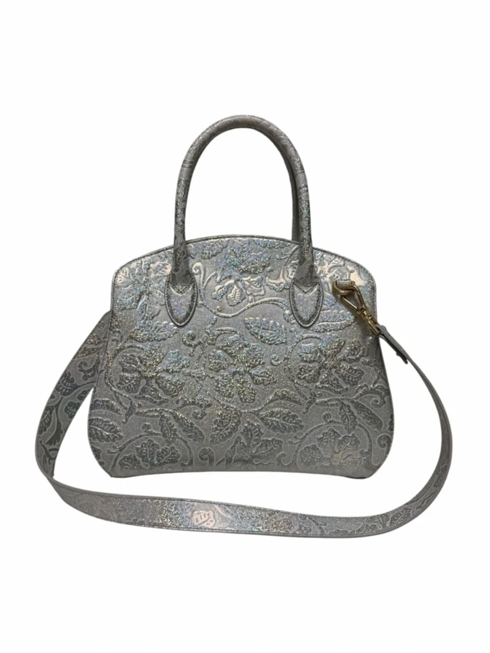 Brahmin Metallic Paisley Silver/White Leather Handbag - Picture 2 of 9